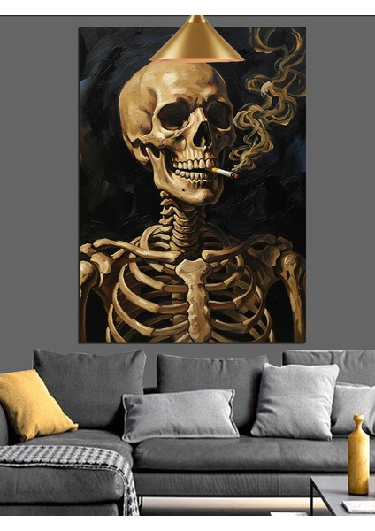 Siyah Fonda Sigara Içen Iskelet Dekoratif Kanvas - Mdf Ahşap Tablo modelleri