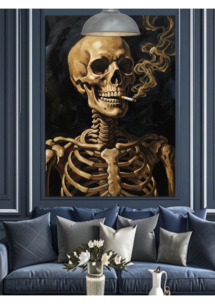 Siyah Fonda Sigara Içen Iskelet Dekoratif Kanvas - Mdf Ahşap Tablo fırsatları