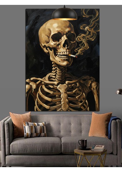 Siyah Fonda Sigara Içen Iskelet Dekoratif Kanvas - Mdf Ahşap Tablo indirimleri