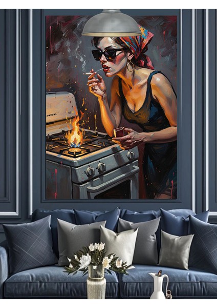 Gözlüklü Kadın Sigara Yakıyor Dekoratif Kanvas - Mdf Ahşap Tablo