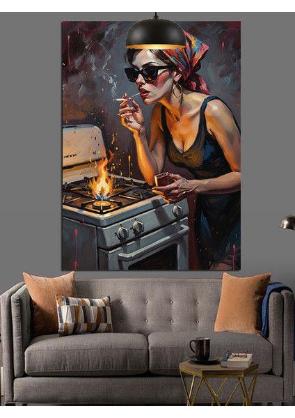 Gözlüklü Kadın Sigara Yakıyor Dekoratif Kanvas - Mdf Ahşap Tablo fiyatları
