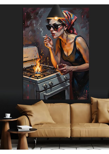 Gözlüklü Kadın Sigara Yakıyor Dekoratif Kanvas - Mdf Ahşap Tablo fırsatları