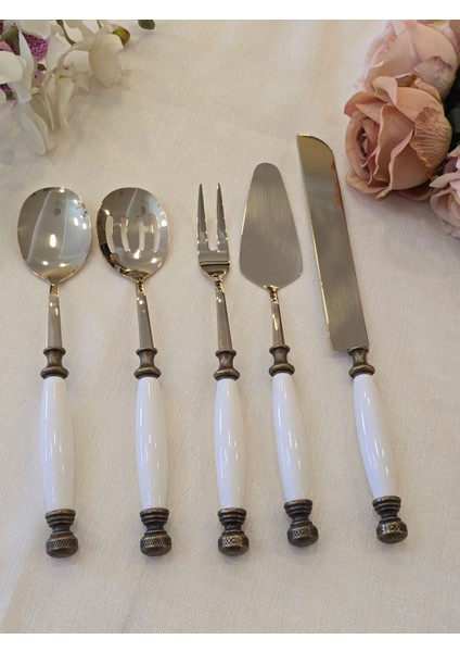5 Parça Porselen Servis Kaşık Seti Antik Titanyum