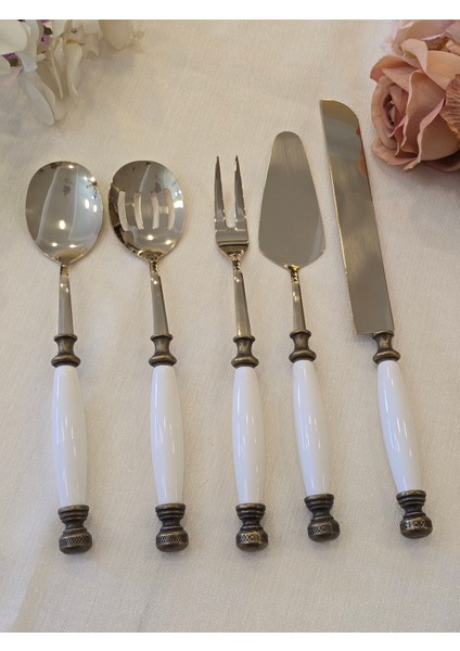 5 Parça Porselen Servis Kaşık Seti Antik Titanyum fiyatları