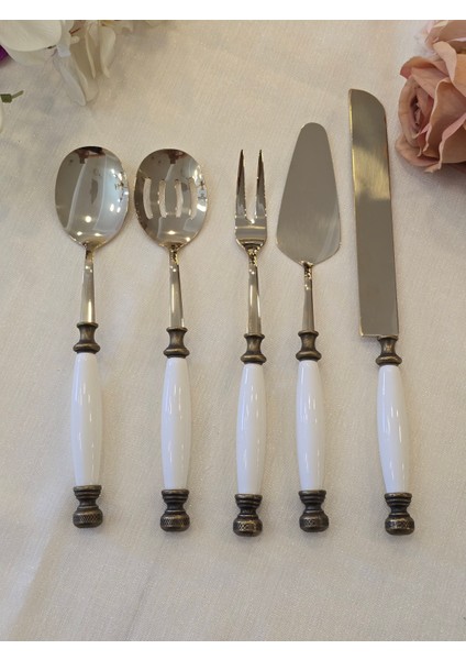 5 Parça Porselen Servis Kaşık Seti Antik Titanyum fırsatları