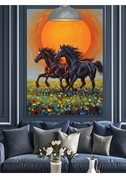 Gün Batımı Koşan Atlar Dekoratif Kanvas - Mdf Ahşap Tablo