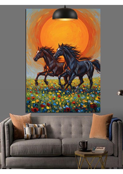 Gün Batımı Koşan Atlar Dekoratif Kanvas - Mdf Ahşap Tablo fiyatları