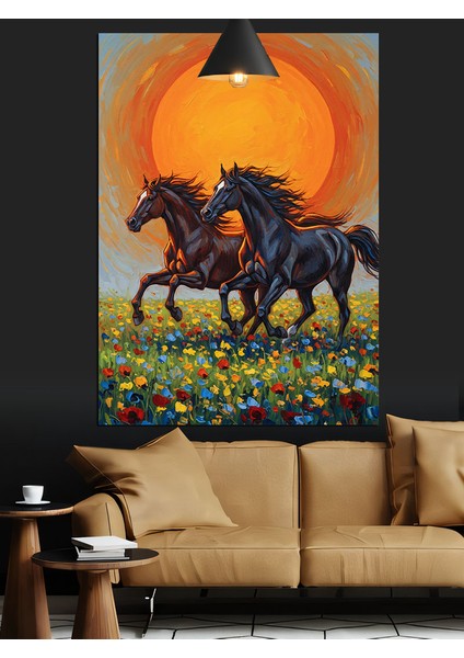 Gün Batımı Koşan Atlar Dekoratif Kanvas - Mdf Ahşap Tablo fırsatları