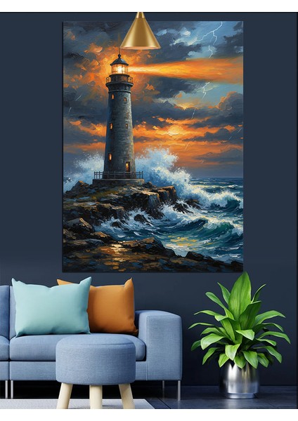 Fırtınada Deniz Feneri Koyu Manzara Dekoratif Kanvas - Mdf Ahşap Tablo