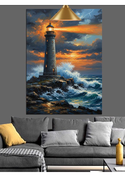 Fırtınada Deniz Feneri Koyu Manzara Dekoratif Kanvas - Mdf Ahşap Tablo modelleri