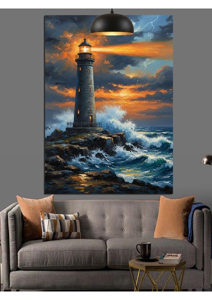 Fırtınada Deniz Feneri Koyu Manzara Dekoratif Kanvas - Mdf Ahşap Tablo indirimleri
