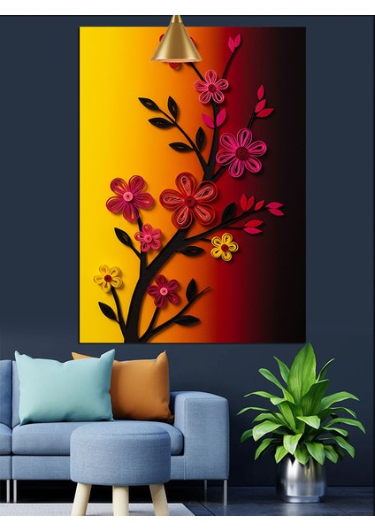 Soyut Çiçek Kırmızı Sarı Dekoratif Kanvas - Mdf Ahşap Tablo