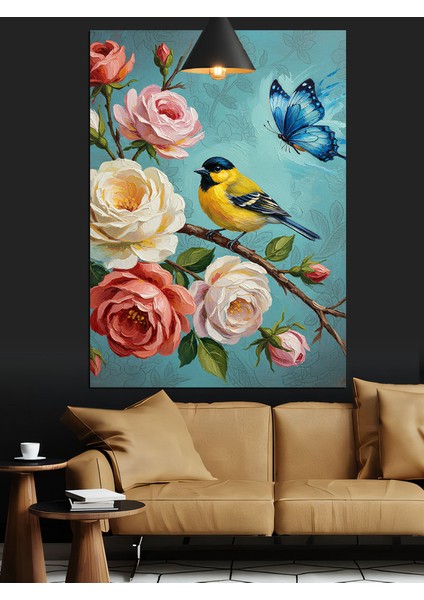 Pembe Gül Kuş ve Kelebek Dekoratif Kanvas - Mdf Ahşap Tablo