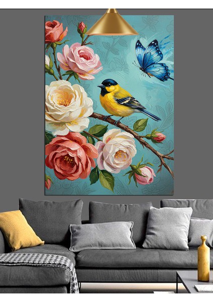 Pembe Gül Kuş ve Kelebek Dekoratif Kanvas - Mdf Ahşap Tablo fiyatları