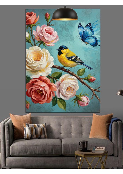 Pembe Gül Kuş ve Kelebek Dekoratif Kanvas - Mdf Ahşap Tablo fırsatları