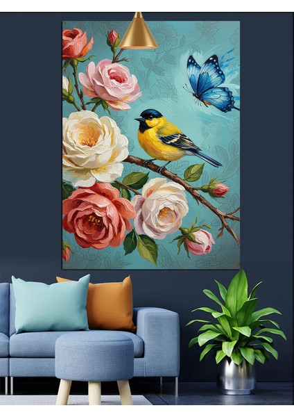 Pembe Gül Kuş ve Kelebek Dekoratif Kanvas - Mdf Ahşap Tablo indirimleri