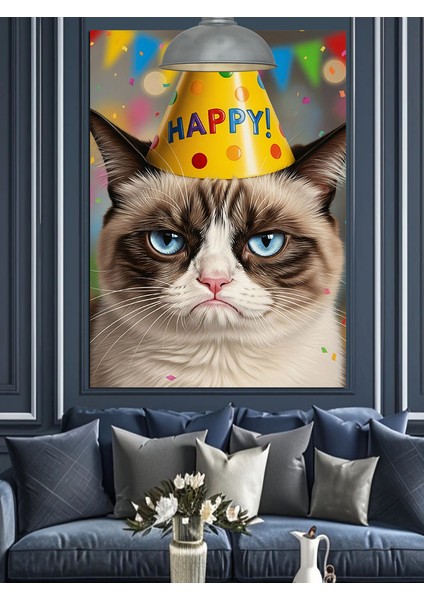 Komik Doğum Günü Kedisi Dekoratif Kanvas - Mdf Ahşap Tablo