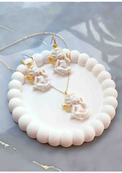 Golden Angel Baby Wings Inci Beyazı Küpe ve Kolye Seti - Zarif ve Masum modelleri