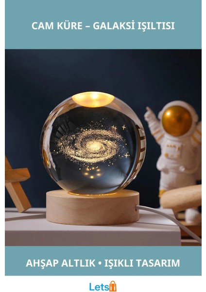 Galaksi Tasarımlı Işıklı Cam Küre Ahşap Altlık 6 cm