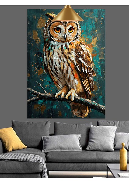 Mavi Yeşil Detaylı Baykuş Portresi Dekoratif Kanvas - Mdf Ahşap Tablo