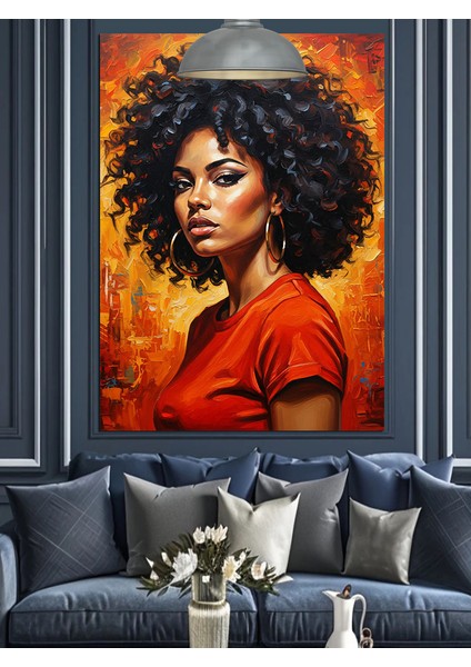Afro Saç Kadın Kırmızı Dekoratif Kanvas - Mdf Ahşap Tablo