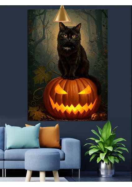 Siyah Kedi Cadılar Balkabağı Dekoratif Kanvas - Mdf Ahşap Tablo