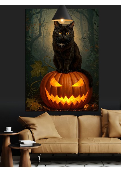 Siyah Kedi Cadılar Balkabağı Dekoratif Kanvas - Mdf Ahşap Tablo fiyatları