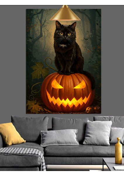 Siyah Kedi Cadılar Balkabağı Dekoratif Kanvas - Mdf Ahşap Tablo modelleri