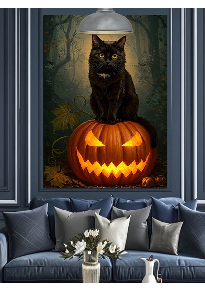 Siyah Kedi Cadılar Balkabağı Dekoratif Kanvas - Mdf Ahşap Tablo fırsatları