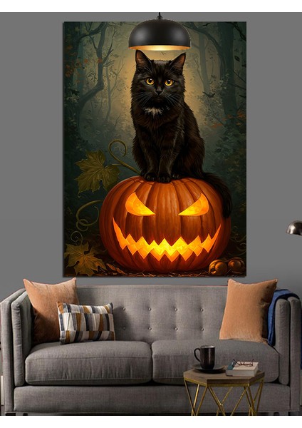 Siyah Kedi Cadılar Balkabağı Dekoratif Kanvas - Mdf Ahşap Tablo indirimleri