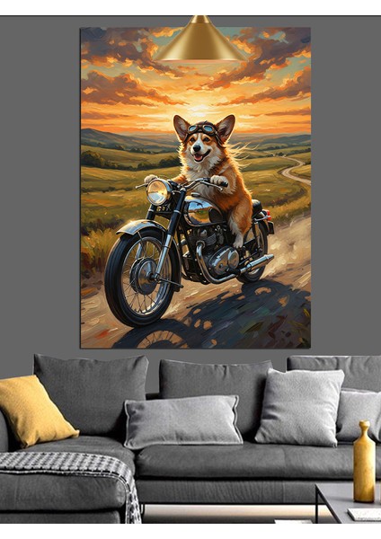 Köpek Motosikletli Sürücü Portresi Dekoratif Kanvas - Mdf Ahşap Tablo