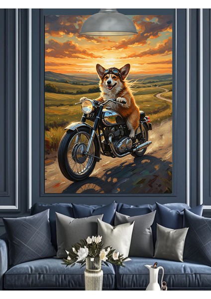 Köpek Motosikletli Sürücü Portresi Dekoratif Kanvas - Mdf Ahşap Tablo fiyatları