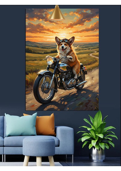 Köpek Motosikletli Sürücü Portresi Dekoratif Kanvas - Mdf Ahşap Tablo fırsatları