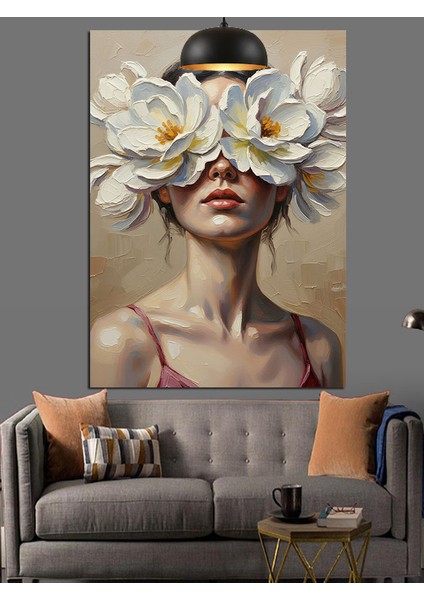 Gözleri Kapalı Beyaz Çiçek Kadın Dekoratif Kanvas - Mdf Ahşap Tablo