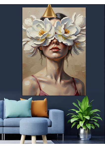 Gözleri Kapalı Beyaz Çiçek Kadın Dekoratif Kanvas - Mdf Ahşap Tablo fiyatları