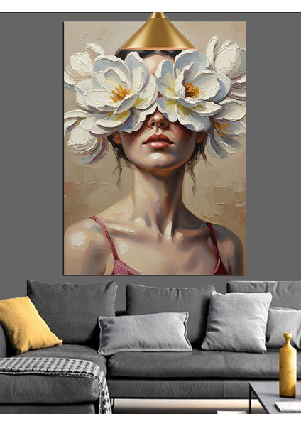 Gözleri Kapalı Beyaz Çiçek Kadın Dekoratif Kanvas - Mdf Ahşap Tablo fırsatları