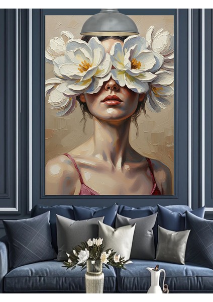 Gözleri Kapalı Beyaz Çiçek Kadın Dekoratif Kanvas - Mdf Ahşap Tablo indirimleri