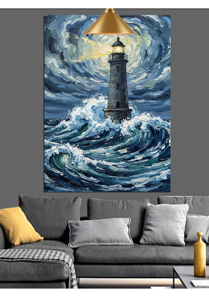 Dalgalı Deniz Feneri Manzarası Dekoratif Kanvas - Mdf Ahşap Tablo