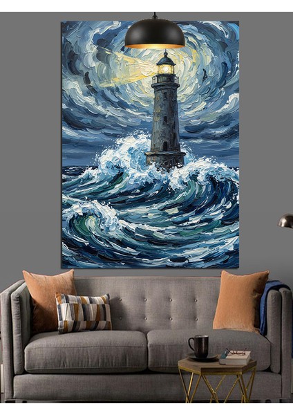 Dalgalı Deniz Feneri Manzarası Dekoratif Kanvas - Mdf Ahşap Tablo modelleri