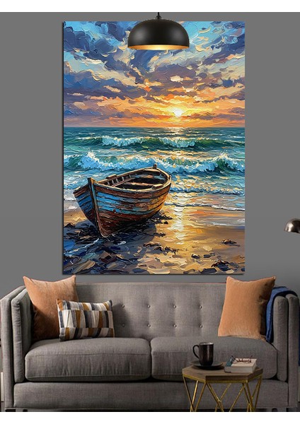 Kıyıdaki Tekne Deniz Gün Batımı Dekoratif Kanvas - Mdf Ahşap Tablo fırsatları