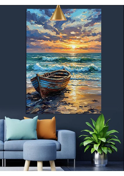 Kıyıdaki Tekne Deniz Gün Batımı Dekoratif Kanvas - Mdf Ahşap Tablo indirimleri
