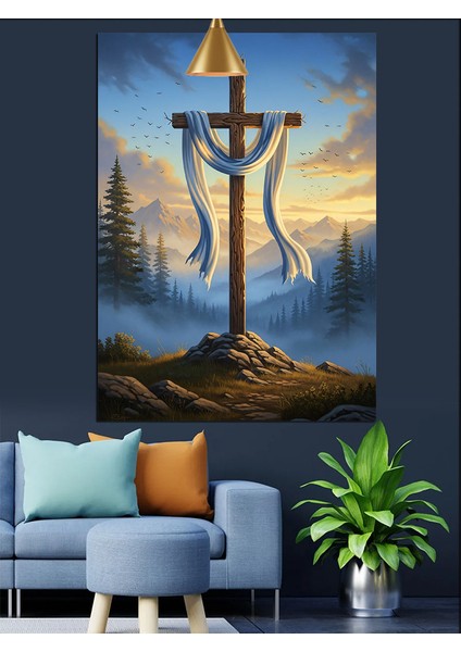 Haç Üzerindeki Beyaz Kumaş Figürü Dekoratif Kanvas - Mdf Ahşap Tablo
