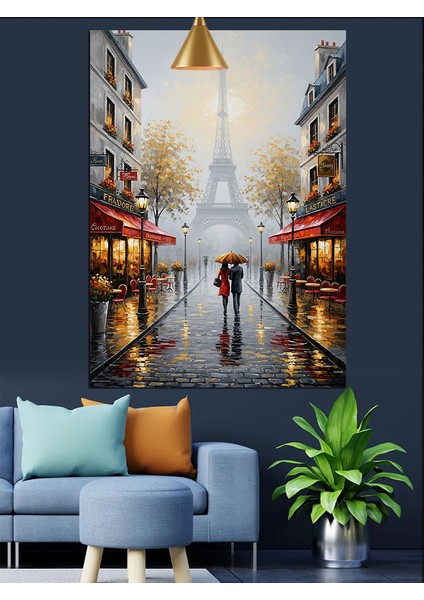 Yağmurda Paris Sokak Romantik Yürüyüş Dekoratif Kanvas - Mdf Ahşap Tablo