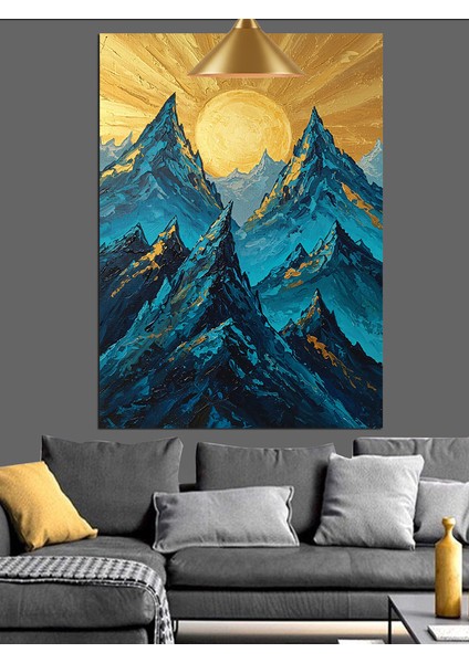 Dağ Zirvesi ve Sarı Güneş Mavi Manzara Dekoratif Kanvas - Mdf Ahşap Tablo