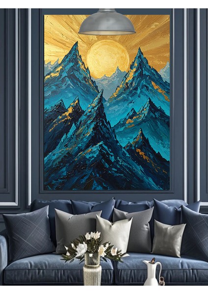 Dağ Zirvesi ve Sarı Güneş Mavi Manzara Dekoratif Kanvas - Mdf Ahşap Tablo fiyatları