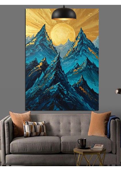 Dağ Zirvesi ve Sarı Güneş Mavi Manzara Dekoratif Kanvas - Mdf Ahşap Tablo modelleri