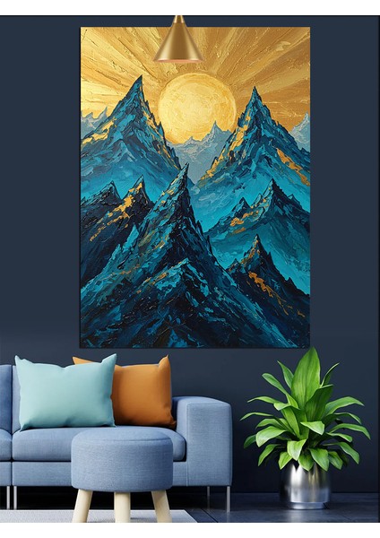 Dağ Zirvesi ve Sarı Güneş Mavi Manzara Dekoratif Kanvas - Mdf Ahşap Tablo fırsatları