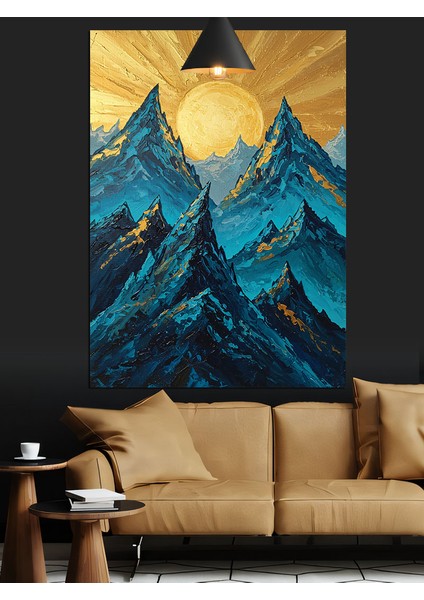 Dağ Zirvesi ve Sarı Güneş Mavi Manzara Dekoratif Kanvas - Mdf Ahşap Tablo indirimleri