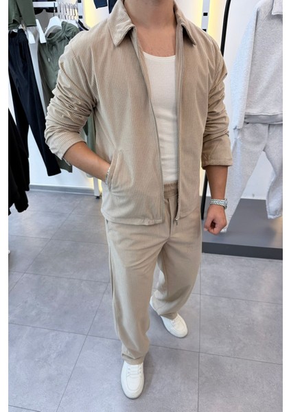 Slimfit Yakalı Astarlı Yan Cep Baggy Pantolonlu Kadife Takım