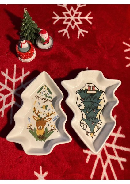 Yılbaşı Temalı 2'li Ağaç Tasarımlı Desenli Seramik Sunum Servis Tabağı 17X12 cm Geyikli ve Çam Ağaçlı
